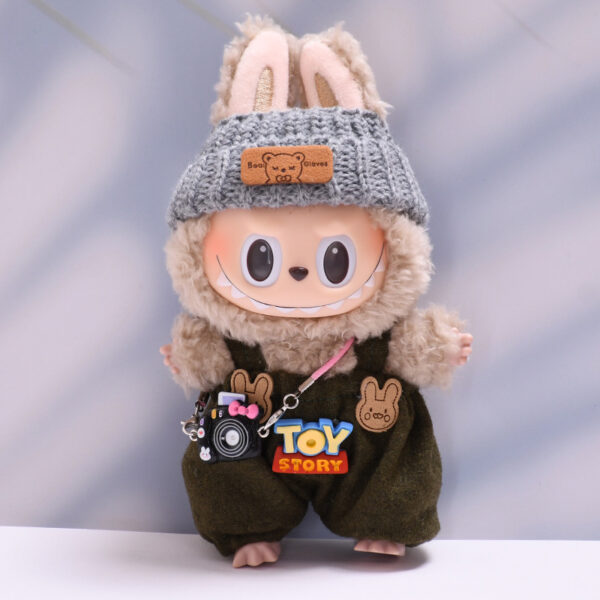 Labubu clothes green suspenders pants Teddy bear woolen hat Camera